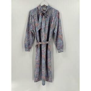 Schrader Vintage Dress Womens 12 Blue Pink Belted Paisley Pussybow Midi Colorful